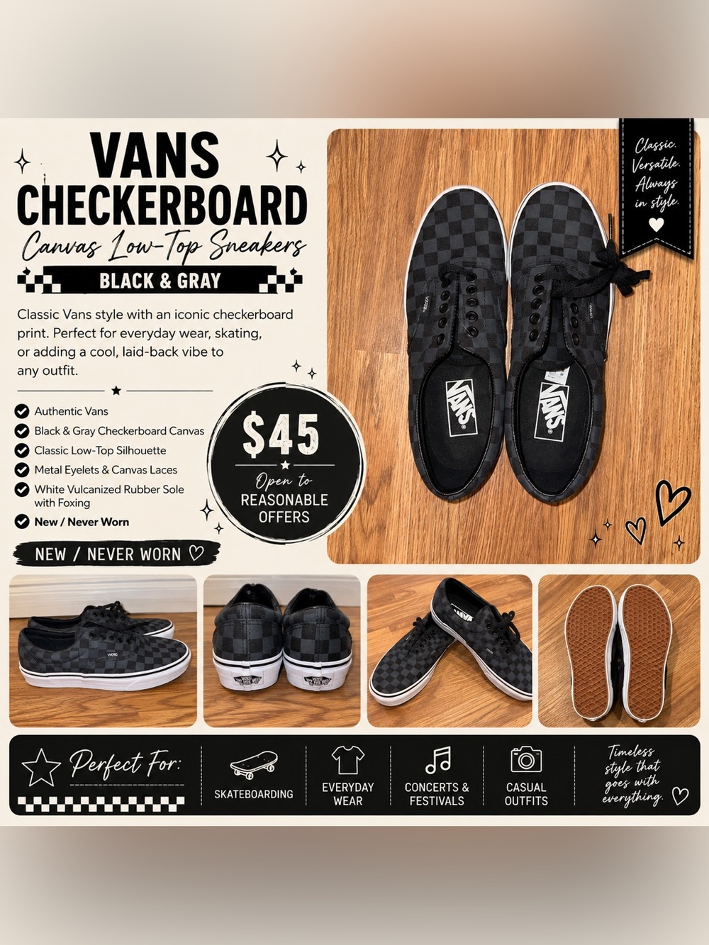 Vans Checkerboard Canvas Low-Top Sneakers - Black & Gray - Picture 2 of 13